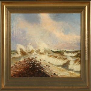 Coastal Scenery With Breakin Waves And Flying Seagulls