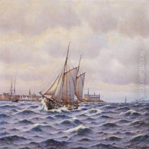 Sailing Boats On Thecoast Of Helsingor, Kronborg Castle In The Background by Johann Neumann