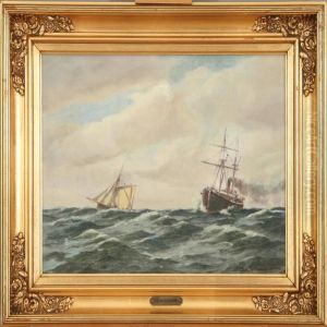Seascape With Boat And Steamer by Johann Neumann