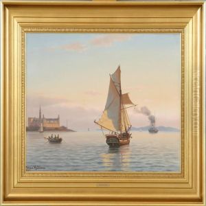 Ships At A Calm Sea By Kronborg. Signed Johan Neumann by Johann Neumann