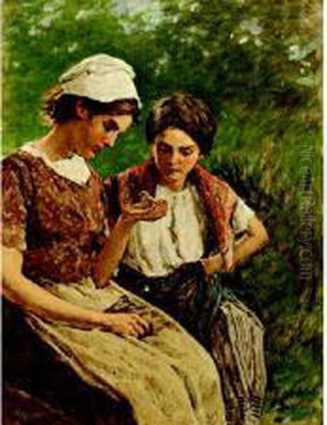 Two Farm Girls Holding A Chick - view 1