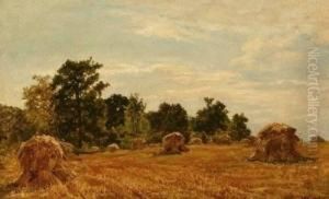 Haystacks In Field by Hugh Newell