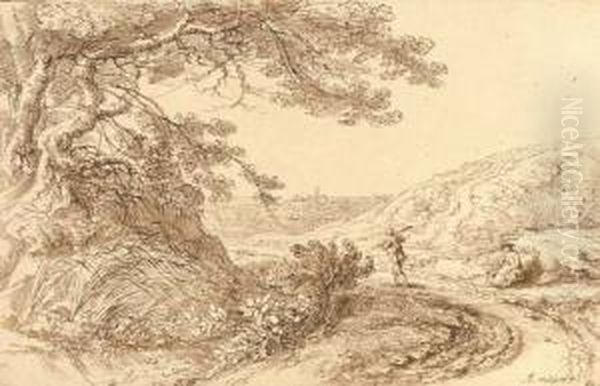 A Landscape With A Large Tree
Overhanging A Track, A Traveller And A Seated Woman To The Right - view 1
