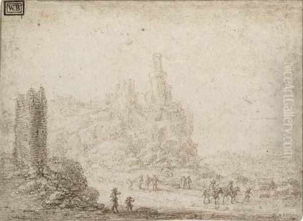 Soldiers And Cavalry Below A Ruined Castle - view 1