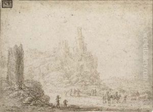 Soldiers And Cavalry Below A Ruined Castle by Gillis Neyts