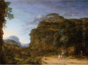 A Rocky Landscape With Figures And A Dog by Gillis Neyts