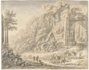 A Gateway In The Walls Of A Ruined City With Travellers And Pack-animals