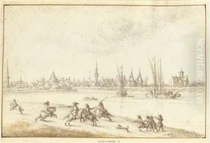 View Of Dendermonde Seen Across The River Schelde, A Cavalryskirmish In The Foreground View Of Dendermonde Seen Across The River Schelde, A Cavalryskirmish In The Foreground