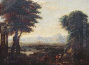 An Extensive River Landscape With Travellers And Their Flock On Apath