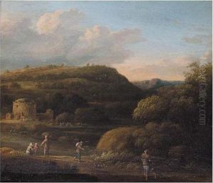 River Landscape, With Figures On A Track, And Classical Ruins Beyond