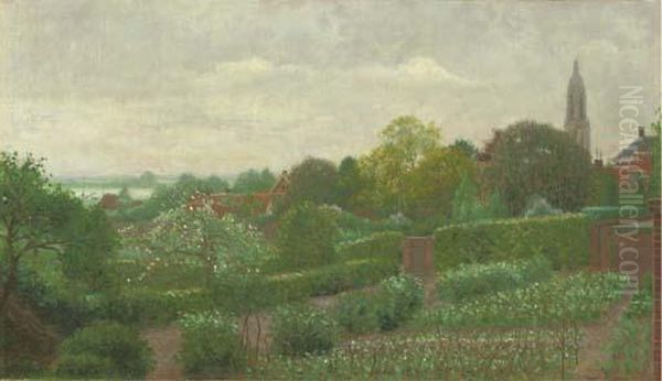 View Of A Garden With The Church Spire Of Rhenen In The Background - view 1