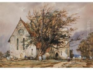 A Church Probably In Sussex With Aged Yew Tree, Gravestones And Figures by Richard Henry Nibbs