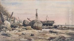 A Rocky Coastline With Beached Sailing Vessel And Attendant Figures by Richard Henry Nibbs