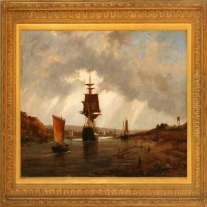River Scene With Lively Ship Traffic by Richard Henry Nibbs