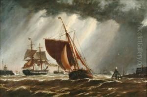 Vessels Inchoppy Waters At The Harbour Mouth by Richard Henry Nibbs