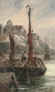 Fishing Boats Moored In Shoreham Harbour by Richard Henry Nibbs