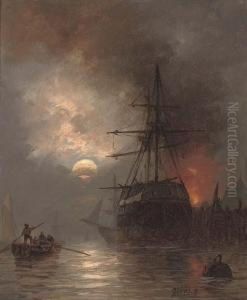 A Trading Brig In The Harbour By Moonlight by Richard Henry Nibbs