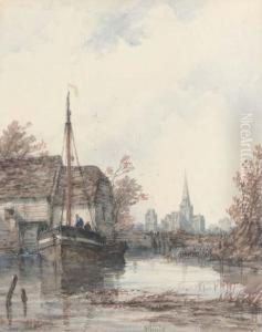 Chichester Cathedral From The Mill At Fishbourne by Richard Henry Nibbs