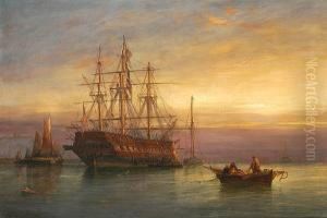 A Warship At Anchor On A Calm Evening