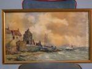 Figuresbeside A Fishing Boat In A Harbour by Richard Henry Nibbs