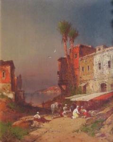 Eastern Harbor With Palm Tree And Figures - view 1