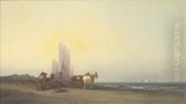 A Coastal View With Figures And Horses On A Beach - view 1
