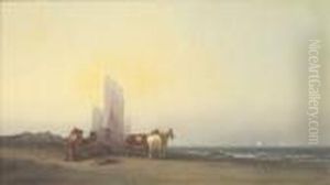 A Coastal View With Figures And Horses On A Beach