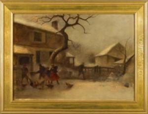 Winter Scene With Figures Outside A Farmhouse