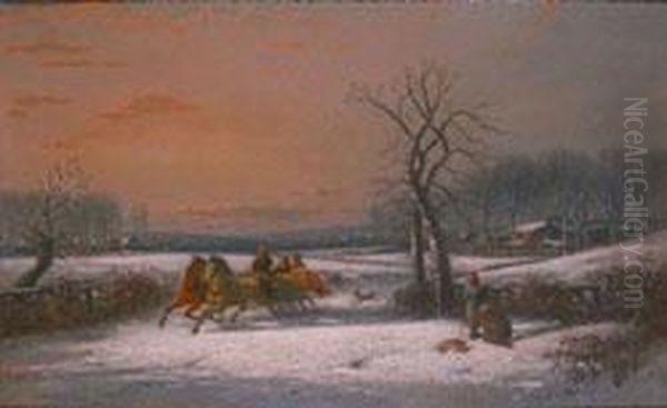 A Winter's Scene With Horses And Sled - view 1