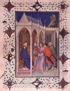Hours of the Cross Prime Christ in front of Pilate from the Tres Riches Heures du Duc de Berry by Jacquemart De Hesdin