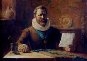 A 17th Century Gentleman Seated At A Table Reading A Letter