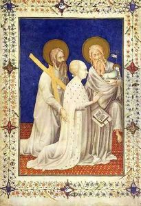 John Duc de Berry on his knees between St Andrew and St John French from the Tres Riches Heures du Duc de Berry by Jacquemart De Hesdin