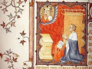 Jean de France 1340-1416 Duke of Berry Praying Before the Eternal Father from Les Petites Heures de Duc de Berry by Jacquemart De Hesdin