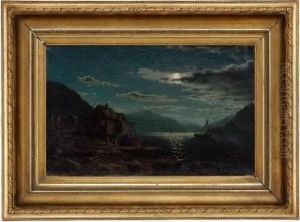 Kystlandskap Med Folkeliv, Maneskinn 1867 by Amaldus Clarin Nielsen