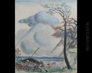 Figure With A Cart By A Shore During A Storm