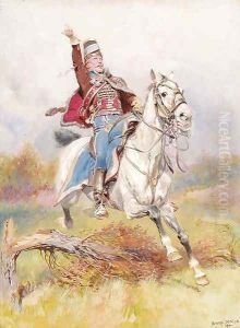 A French cavalryman on horseback by Jean Baptiste Edouard Detaille
