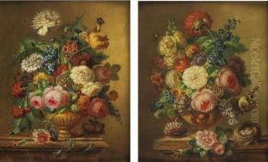 Still Life With Flowers In Stone Urns: A Pair Of Paintings