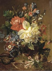 Flowers In A Vase, A Snail And A Nut On A Stone Ledge