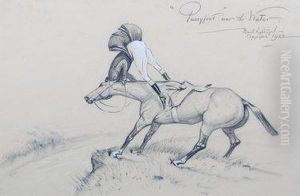A Chalk And Pastel Drawing Of A Huntsman And Horse "pussyfoot Over The Water" by Basil J. Nightingale