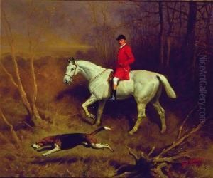 Huntsman On White Horse With Dog