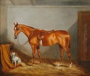 A Chestnut Horse And A White Terrier In A Stable Interior