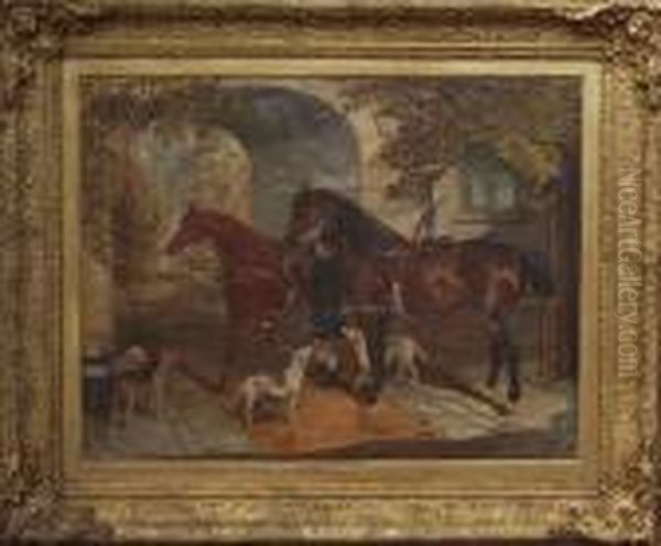 A Groom With Two Hunters And Dogs Before An Archway - view 1