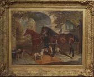 A Groom With Two Hunters And Dogs Before An Archway