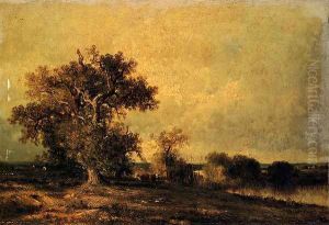 Vieux Chene Et Troupeau Au Bord D'une Mare by Jules Dupre