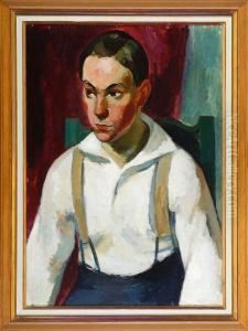 A Portrait Of A Young Man With White Shirt. Signed by Nils Nilsson