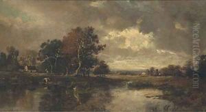 A washerwoman before a riverside cottage by Jules Dupre