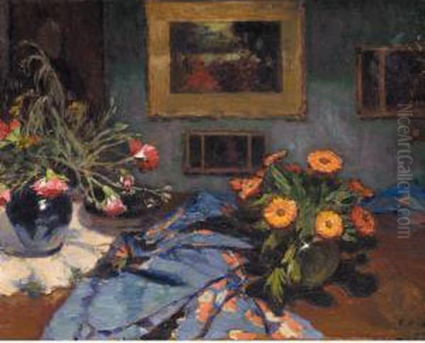 Still Life With The Artist's
Paintings In The Background; Reverse With Ladies Promenading In The Park - view 1
