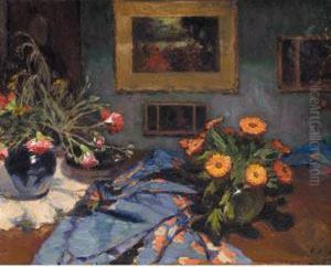 Still Life With The Artist's
Paintings In The Background; Reverse With Ladies Promenading In The Park by Petr Alexandrovich Nilus