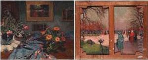 Still Life With The Artist's
Paintings In The Background; Reverse With Ladies Promenading In The Park by Petr Alexandrovich Nilus