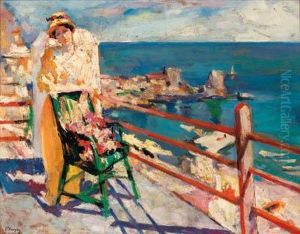 A Girl On A Terrace Overlooking The Sea by Petr Alexandrovich Nilus